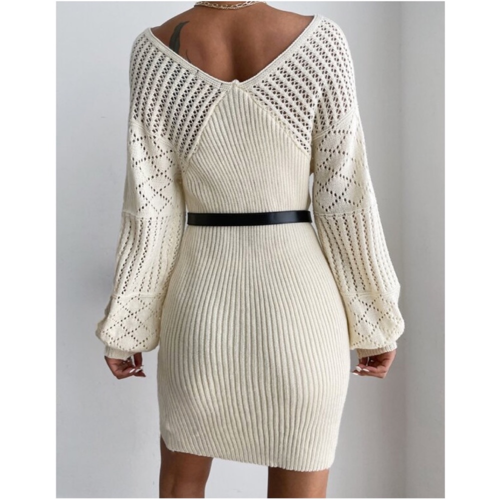 Cozy Cream V neck Lantern Sleeve Sweater Dress - Picture 2 of 4